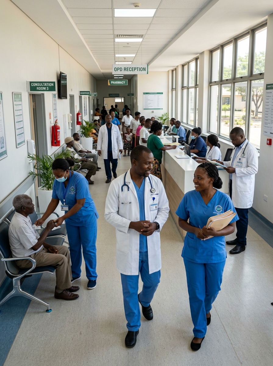 Zambian hospital outpatient ward corridor