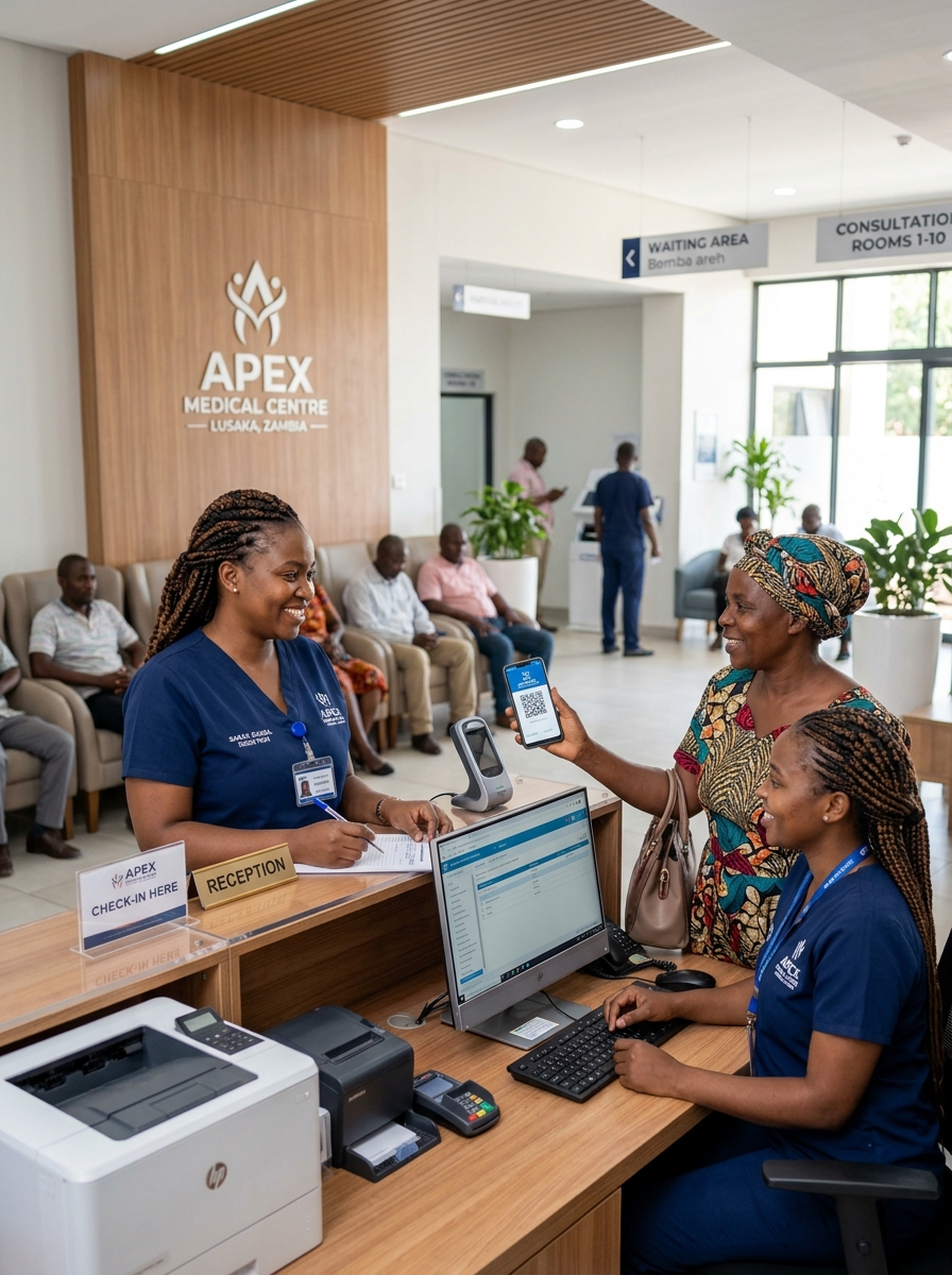 Zambian clinic reception desk QR check-in