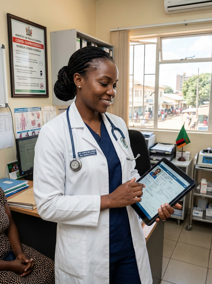 Zambian doctor viewing secure health records on tablet